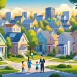 A colorful neighborhood scene with various homes, a family looking at a house, and a real estate agent greeting a couple, set in a sunny, tree-lined city street.