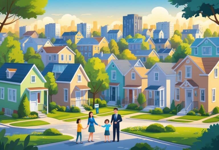 A colorful neighborhood scene with various homes, a family looking at a house, and a real estate agent greeting a couple, set in a sunny, tree-lined city street.