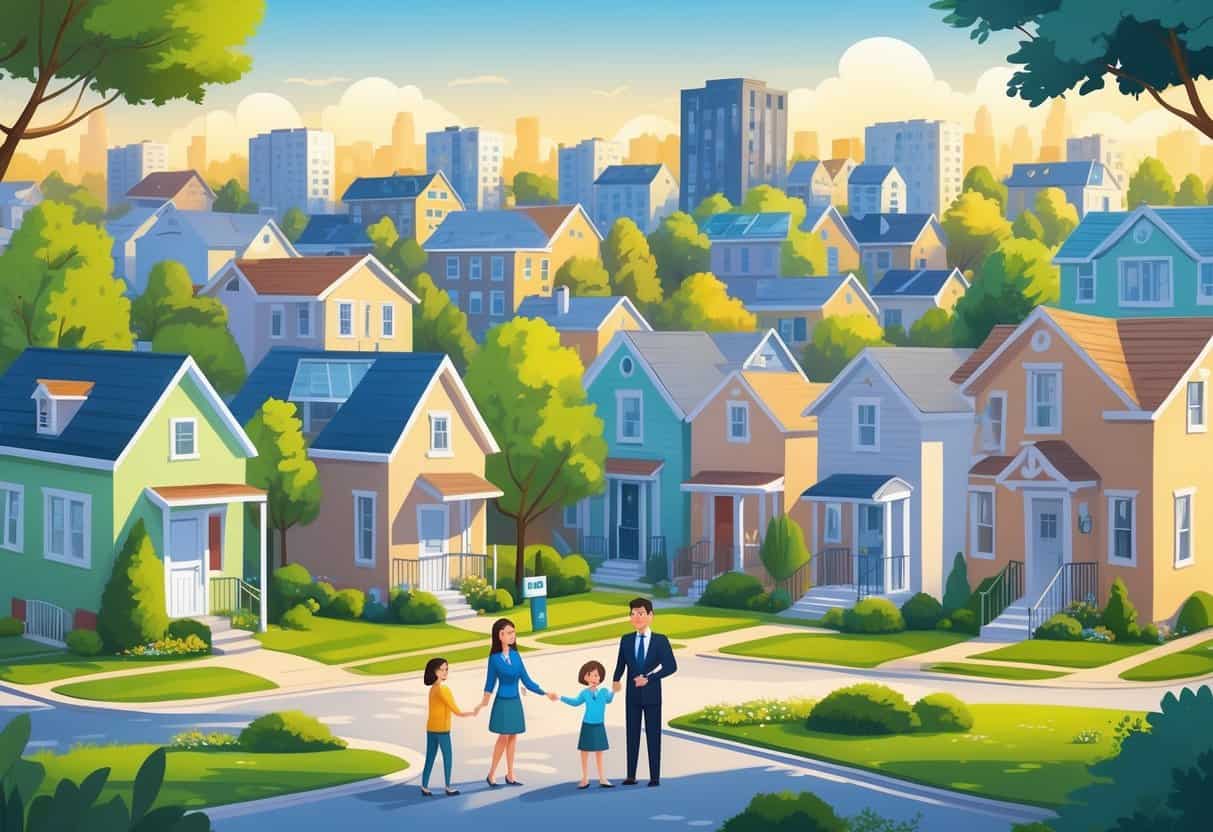 A colorful neighborhood scene with various homes, a family looking at a house, and a real estate agent greeting a couple, set in a sunny, tree-lined city street.