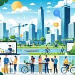 A diverse group of remote workers using laptops and digital devices in various city settings including cafes, parks, and home offices with urban landscapes in the background.