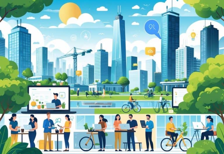 A diverse group of remote workers using laptops and digital devices in various city settings including cafes, parks, and home offices with urban landscapes in the background.