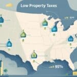 A map of the United States highlighting several major cities with icons representing low property taxes, surrounded by illustrations of homes and financial symbols.