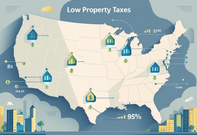 A map of the United States highlighting several major cities with icons representing low property taxes, surrounded by illustrations of homes and financial symbols.