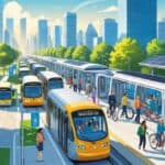 A busy city scene showing buses, trains, bicycles, and pedestrians using public transportation in a clean and modern urban environment.
