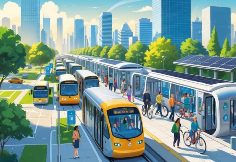A busy city scene showing buses, trains, bicycles, and pedestrians using public transportation in a clean and modern urban environment.