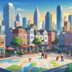 A lively city scene with various buildings and people engaged in activities related to short-term rentals, including carrying luggage and checking in guests.