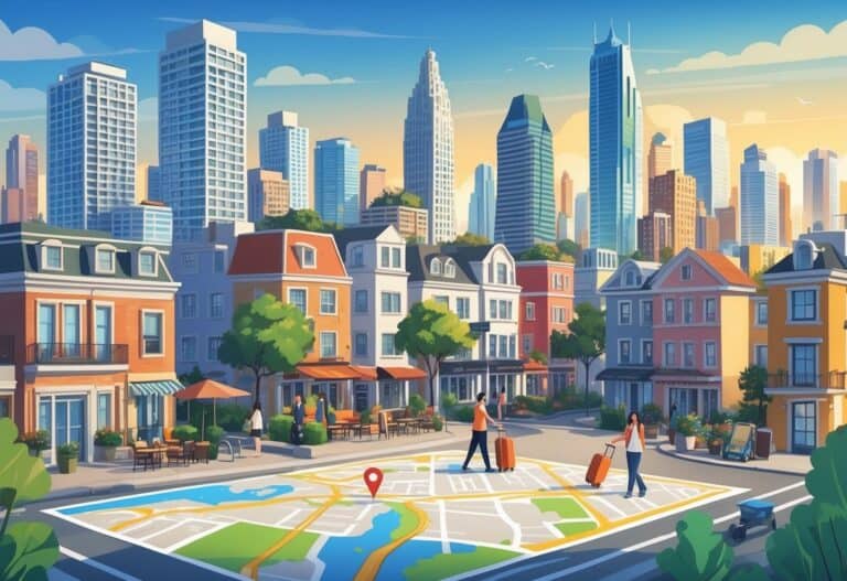 A lively city scene with various buildings and people engaged in activities related to short-term rentals, including carrying luggage and checking in guests.