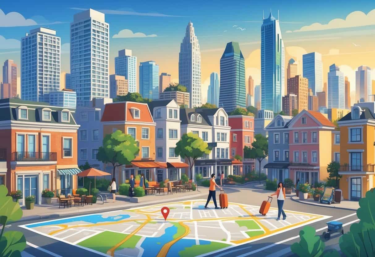 A lively city scene with various buildings and people engaged in activities related to short-term rentals, including carrying luggage and checking in guests.