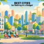 A peaceful city park with elderly people enjoying leisure time, surrounded by affordable homes and diverse city landmarks representing budget-friendly retirement locations.