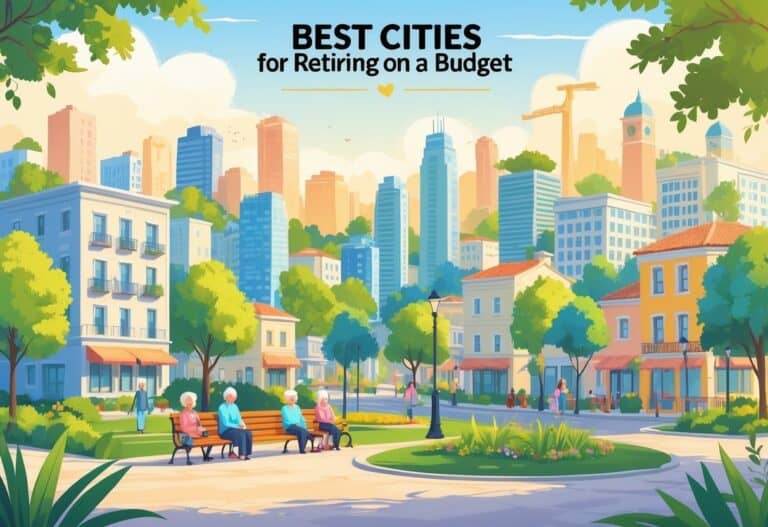 A peaceful city park with elderly people enjoying leisure time, surrounded by affordable homes and diverse city landmarks representing budget-friendly retirement locations.
