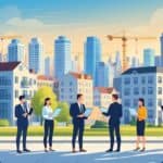 A cityscape with various residential buildings and people discussing real estate plans in the foreground.
