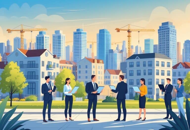 A cityscape with various residential buildings and people discussing real estate plans in the foreground.