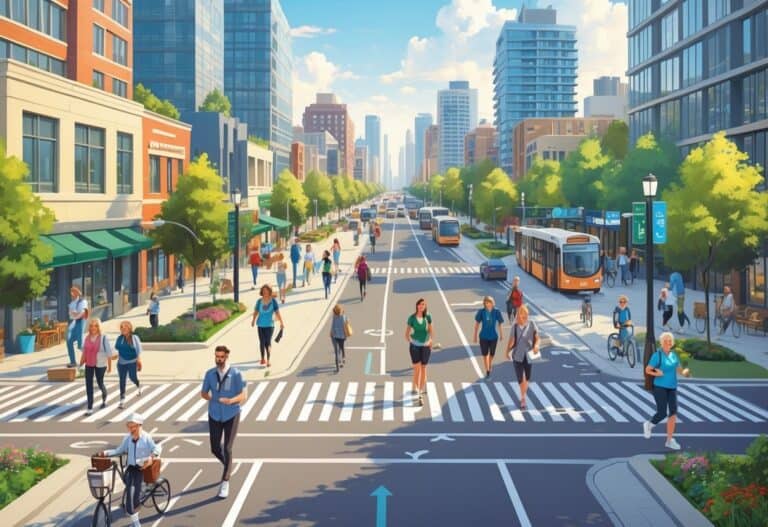 A lively urban street with people walking, biking, and using public transport surrounded by buildings, trees, and green spaces.