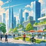 A lively city scene with young professionals walking, biking, and working outdoors among modern buildings and green spaces.