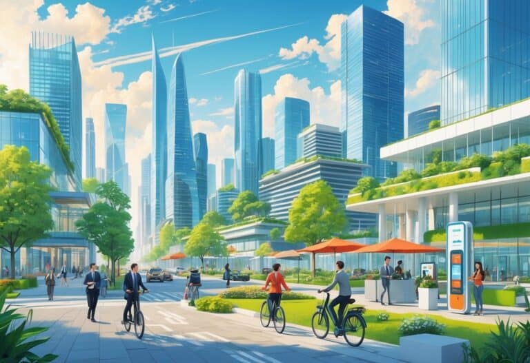 A lively city scene with young professionals walking, biking, and working outdoors among modern buildings and green spaces.