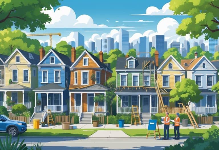 A cityscape showing older houses being renovated with workers fixing roofs and painting walls, and a person inspecting a property, with modern buildings and trees in the background.
