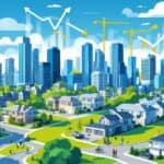 A city skyline with tall buildings, construction cranes, green parks, and people walking and biking, showing urban growth and rising home values.