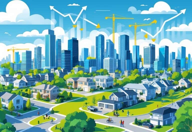 A city skyline with tall buildings, construction cranes, green parks, and people walking and biking, showing urban growth and rising home values.