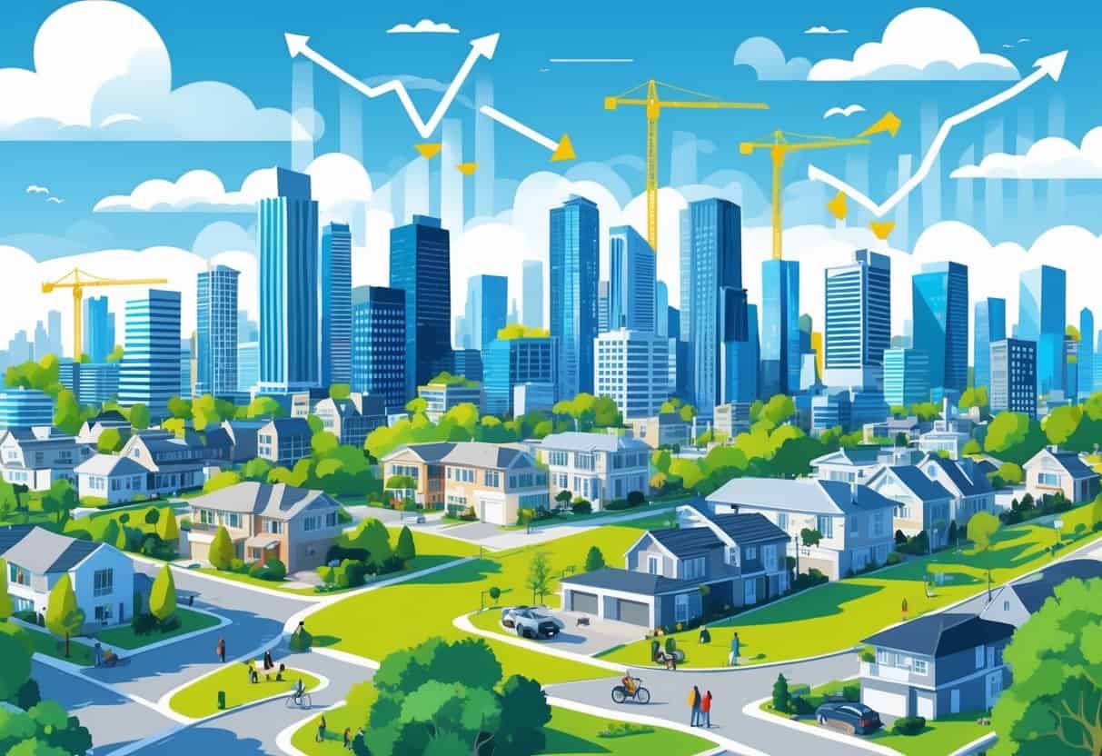 A city skyline with tall buildings, construction cranes, green parks, and people walking and biking, showing urban growth and rising home values.