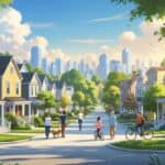 A colorful neighborhood scene showing various homes, trees, and people walking and biking, with city buildings in the background.