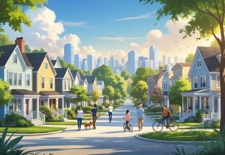A colorful neighborhood scene showing various homes, trees, and people walking and biking, with city buildings in the background.