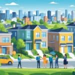 A city scene showing various homes and happy people receiving keys to new houses, with a city skyline and community features in the background.