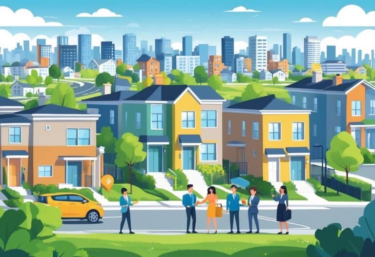 A city scene showing various homes and happy people receiving keys to new houses, with a city skyline and community features in the background.