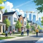 A neighborhood with new construction homes, people walking and playing, and a city skyline with cranes in the background.