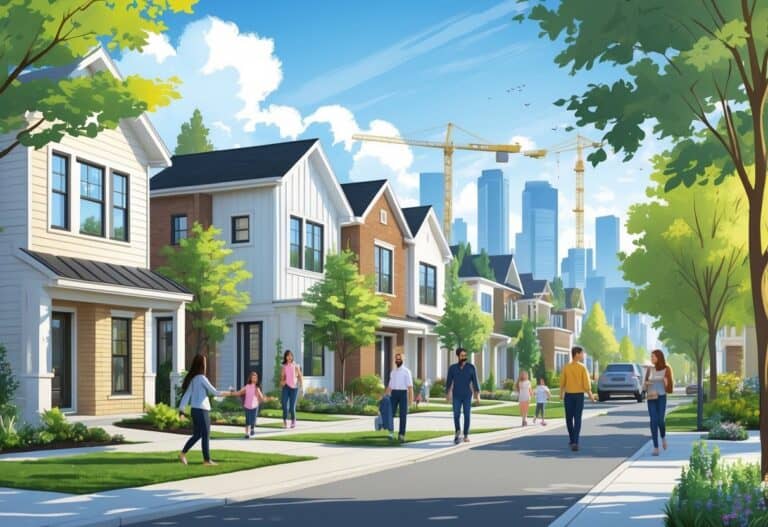 A neighborhood with new construction homes, people walking and playing, and a city skyline with cranes in the background.