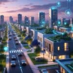 A city at dusk with modern homes featuring smart technology, people using devices, and electric vehicles on the streets.