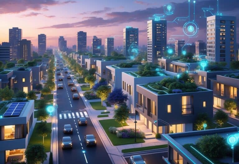 A city at dusk with modern homes featuring smart technology, people using devices, and electric vehicles on the streets.