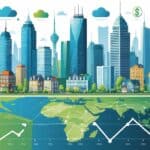 A cityscape showing various buildings and neighborhoods with graphical elements representing financial growth and property tax benefits.