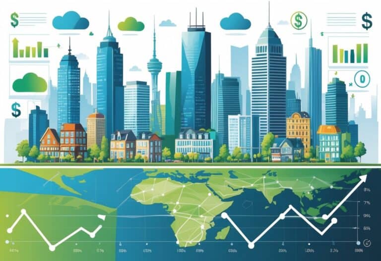 A cityscape showing various buildings and neighborhoods with graphical elements representing financial growth and property tax benefits.
