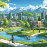 A cityscape showing modern homes and apartments surrounded by parks, trails, lakes, and mountains with people jogging, cycling, hiking, and kayaking outdoors.