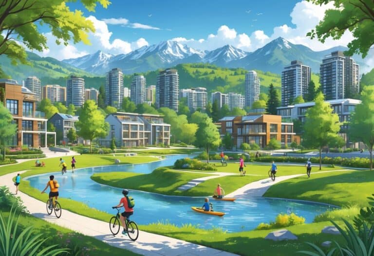 A cityscape showing modern homes and apartments surrounded by parks, trails, lakes, and mountains with people jogging, cycling, hiking, and kayaking outdoors.