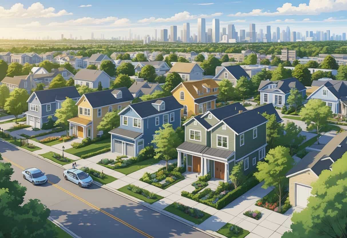 A neighborhood showing houses with small secondary units like backyard cottages and converted garages, surrounded by trees and a city skyline in the background.