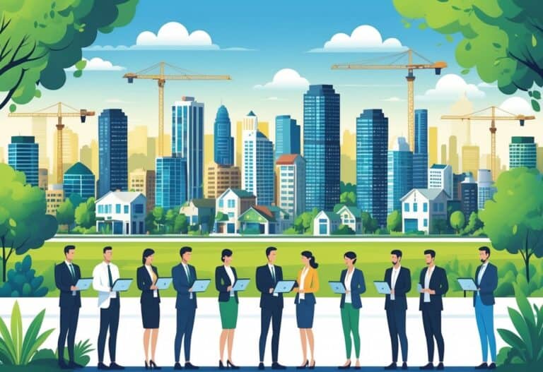 A city skyline with various buildings and real estate investors using digital devices, symbolizing opportunities in tax-friendly real estate markets.