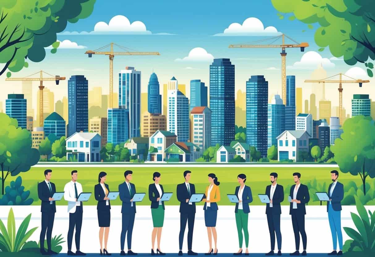 A city skyline with various buildings and real estate investors using digital devices, symbolizing opportunities in tax-friendly real estate markets.