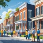 A neighborhood with historic houses being renovated, showing people working on and inspecting the homes.