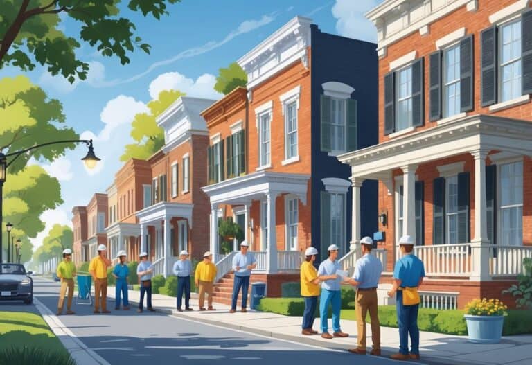 A neighborhood with historic houses being renovated, showing people working on and inspecting the homes.