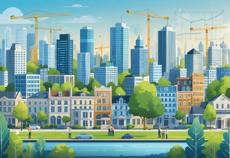 A city skyline with various buildings and construction sites, people discussing and reviewing plans in the foreground, representing real estate investment and development.
