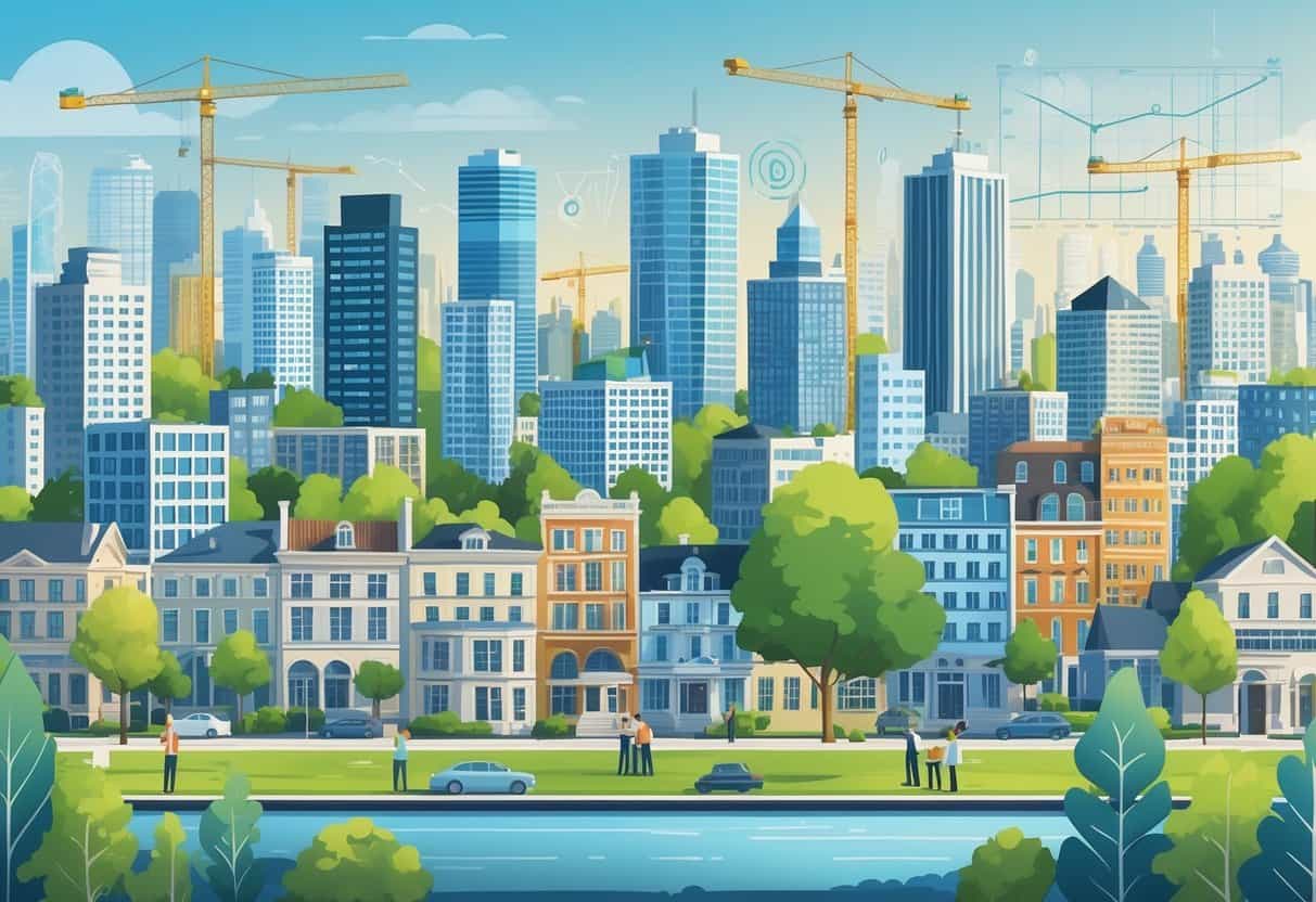 A city skyline with various buildings and construction sites, people discussing and reviewing plans in the foreground, representing real estate investment and development.