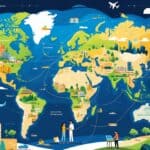 A colorful illustration showing a world map with different cities featuring buildings, cafes, and natural landmarks, with people working on laptops and exploring properties.