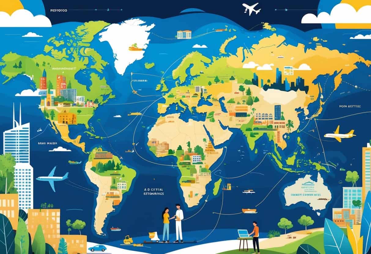 A colorful illustration showing a world map with different cities featuring buildings, cafes, and natural landmarks, with people working on laptops and exploring properties.