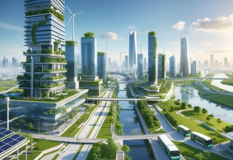 A futuristic city with green rooftops, wind turbines, solar panels, parks, and flood barriers showing advanced climate resilience infrastructure.