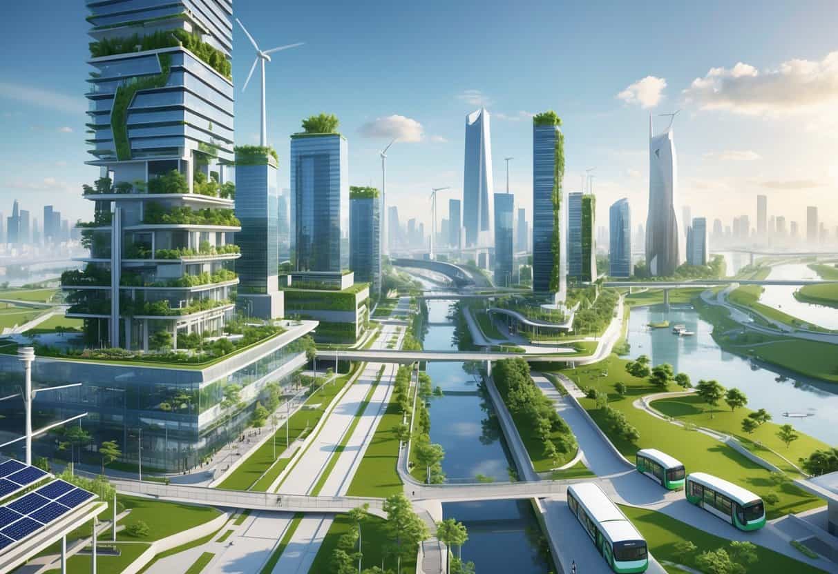 A futuristic city with green rooftops, wind turbines, solar panels, parks, and flood barriers showing advanced climate resilience infrastructure.