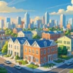 A cityscape showing various residential buildings with shared living spaces and people around them, representing housing opportunities in different cities.