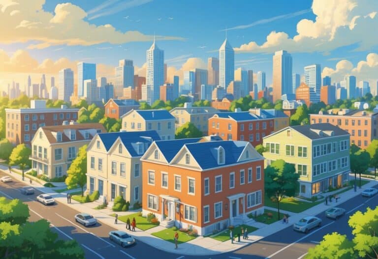 A cityscape showing various residential buildings with shared living spaces and people around them, representing housing opportunities in different cities.