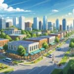 A lively city scene with people enjoying parks, cafes, and public transport among mid-sized buildings and green spaces, representing affordable urban living in 2025.