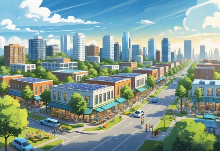 A lively city scene with people enjoying parks, cafes, and public transport among mid-sized buildings and green spaces, representing affordable urban living in 2025.